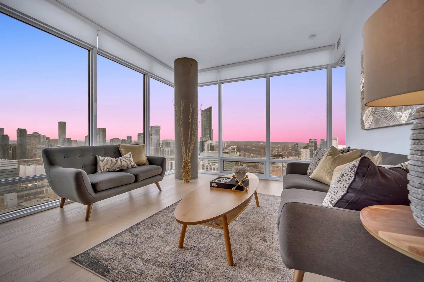 Condominium living room with skyline views