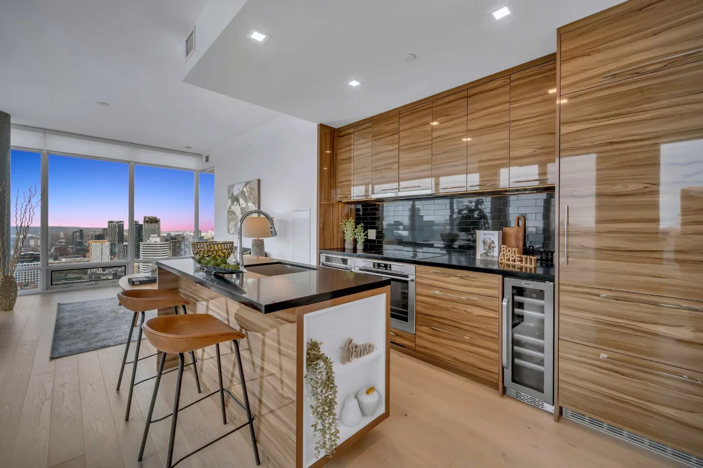 Modern kitchen interior with skyline views